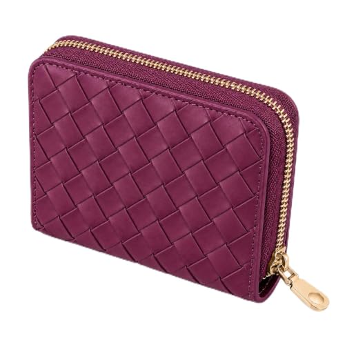 Ladies change card bag, zip storage bank card case, small portable 11 large capacity pouch, holds banknote change credit card(Braided pattern wine red)