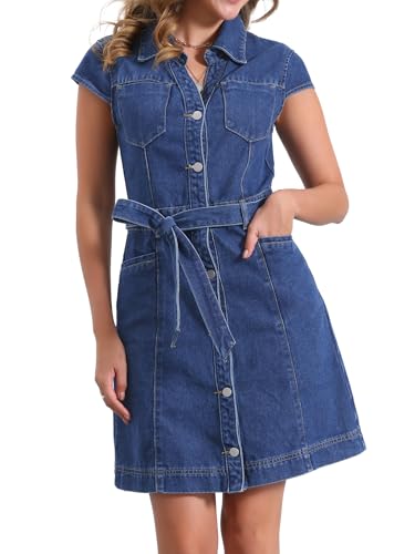 Allegra K Women's Summer Denim Dress Casual Cap Sleeve Belted Button Down V Neck Jean Shirt Dresses