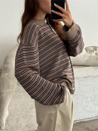 Women Oversied Stripd Rugby Shirt Y2k Long Sleeve Button Collared Preppy Polo Sweater Vintage Aesthetic Streetwear2