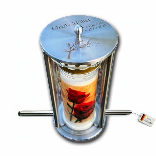 Grablaterne mit optionaler Gravur inkl. 7-Tage-Kerze – Wetterfeste Edelstahl Grablampe, Grablicht mit Erdspieß, Grabschmuck Outdoor
