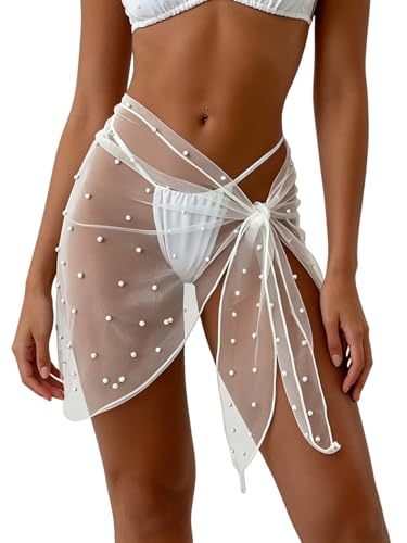 GORGLITTER Women's Cover Up Sarong Wrap Skirt Bachelorette Outfits for Bride Sheer Mesh Bridal Swimsuit Pearl Bathing Suit White One Size