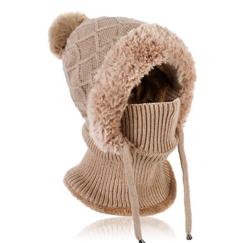 TAGVO Strickmütze Damen Thermo Winter, 3 in 1 Beanie Mütze Warm Strickmütze & Halswärmer Sets, Multifunktional Verstellbar Sturmhaube Gesichtsmaske mit Dickes Fleece gefüttert für Frauen Outdoor