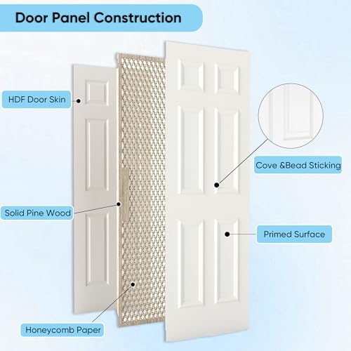 Image of JUBEST 24 inchx80 inch Raised 6-Panel Textured White Primed Hollow Core Interior Molded Door Slab, NOT Pre-drilled and NOT Included Hardware, Paintable Interior Door for Pantry, Laundry, Office
