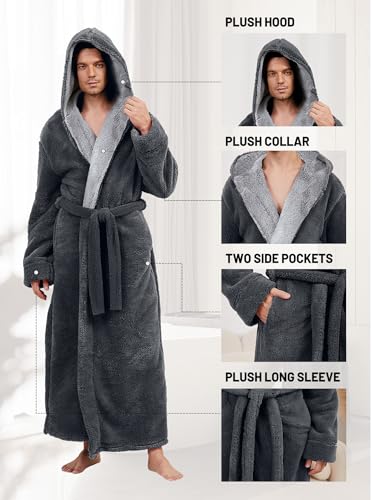 Hellomamma Mens Long Robes with Hood Full Length Hooded Bathrobe Fleece Plush Fluffy Housecoat Nightgown4