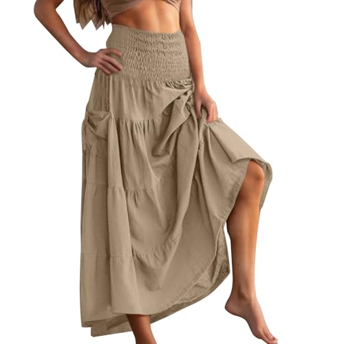 Summer Skirts for Women Cotton Beach Vacation Tiered Maxi Skirt Elastic High Waist Flowy Pleated Ruffle A Line Skirt