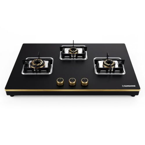 Image of Sunshine Shine Gold 3 Burner Gas Stove | Premium Glass Hob Top Cooktop | Auto Ignition | 10D Brass Burners | LPG & PNG Compatible | Golden Finish | 10 Year Glass & Burner Warranty | Black