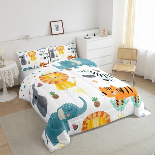 Image of Feelyou Kids Cartoon Lions Comforter Set Full Size, Zoo Animal Bedding Set Elephant Comforter for Kids Boys Girls Kawaii Duvet Insert Room Decor Microfiber Bed Set