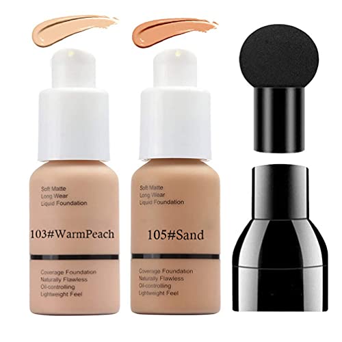 2 Colors Matte Full Coverage Foundation Makeup, Waterproof Oil Control Concealer Liquid Foundation Cream with Mushroom Head, Long Lasting Full Coverage Foundation Makeup for Women (103# and 105#)