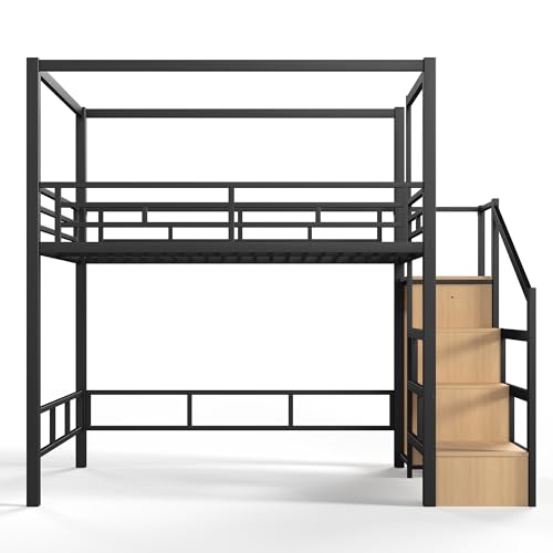 Image of Bellemave Full loft Bed with Storage Stairs, Wardrobe, Canopy Support Pole, Metal Full Loft Bed Frame for Adults, Kids, Teens, Canopy can be Disassembled, Black+Natural Wood