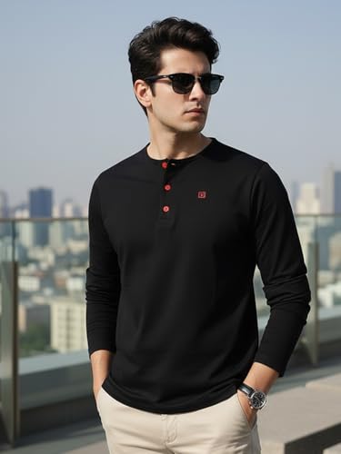 Image of Urbano Fashion Men's Solid Henley Neck Slim Fit Full Sleeve Cotton T-Shirt