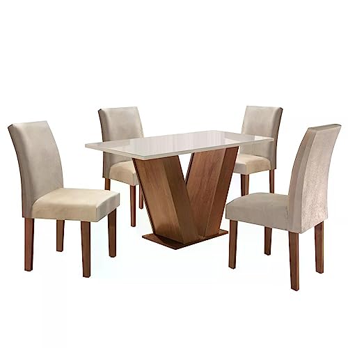 Conjunto Sala de Jantar Mesa Tampo de Vidro 4 Cadeiras Espanha Yescasa Chocolate/Suede Bege