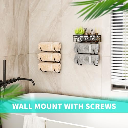 HapiRm Bathroom Towel Rack Holder - 6-Tier Over The Door & Wall Mount Rolled Towel Storage Organizer with Metal Shelf Basket for Small Bathroom, Camper, Rv - Black, Patented