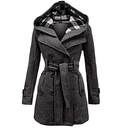 Hemlock Women Plaid Hooded Coat Winter Double Breasted Jacket Wool Trench Coat Pea Coat Slim Hooded Outwear Top Gray