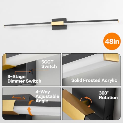 Image of SOLFART Bathroom Vanity Lights 48-Inch: Black and Gold 5CCT Dimmable Bathroom Lights Over Mirror, Solid Frosted Acrylic, Built-in Dimmer, CRI88 Soft Light, ETL IP44