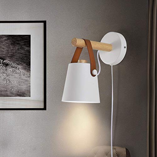 Hj.luyo Wall Lamps For Bedroom Set Of 2 Indoor Wall Sconce Plug In Cord White Modern Wooden Sconces Wall Lighting For Farmhouse Bedside Aisle Corridore #TOP6