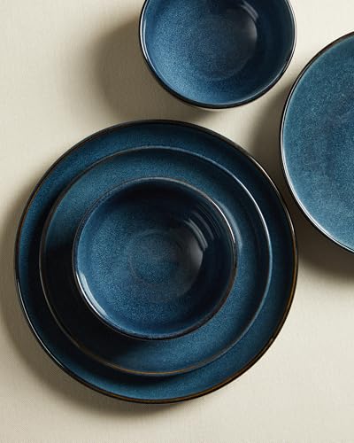 Image of Pokini Stoneware Dinnerware Sets Service for 4, 12 pcs Reactive Glaze Plates and Bowls Sets, Handmade Ceramic Dish Set, Highly Chip and Crack Resistant Modern Plate Set, Starry Blue