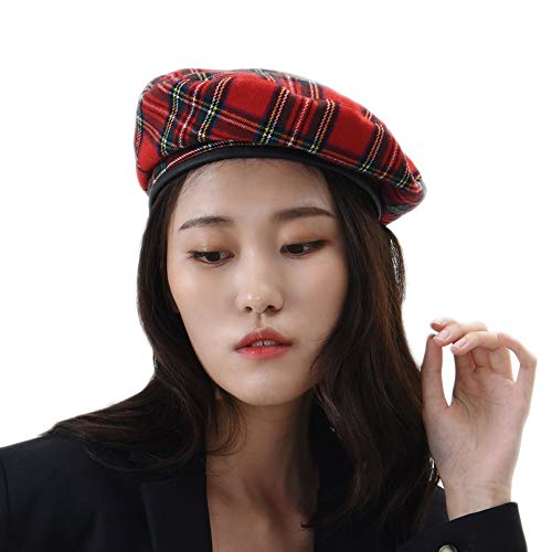 Withmoons Wool Beret Hat Tartan Check Leather Sweatband Kr9539 (Red) #TOP13