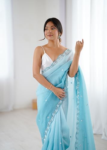 Image of Women's Chiffon Embellished Saree With Unstitched Blouse Piece (Light blue)