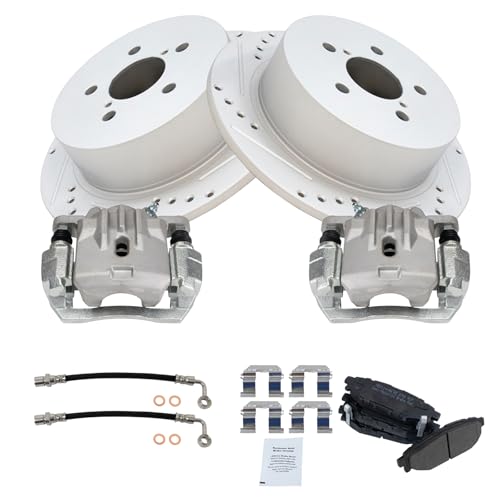 Image of TRQ Performance Rear Brake Pad & Rotor Set Semi Metallic Slotted Drilled Coated Rotors Calipers Compatible with 2006 2009 Subaru Legacy