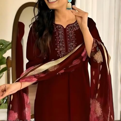 Image of Womens Magic Cotton Kurti Pant Dupatta Set | Three-Quarter Sleeve Ethnic Kurta Pant & Dupatta Set (Size - XXL, Maroon)