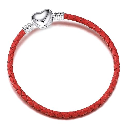 OutstandLong 3mm Red Leather Charm Bracelet Heart Barrel Snap Clasp Handmade Braided Wristband for Pandora European Charm Bead DIY Jewelry 20CM