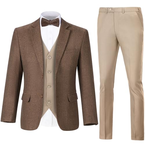 Men's 3 Piece Retro Herringbone Tweed Suit - Slim Fit Wool Prom Tuxedo