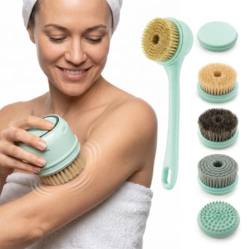 ROLLERSTONE Electric Dry Brushing Body Brush for Lymphatic Drainage: Natural Bristle 5-in-1 Dry Brush with Handle for Cellulite, Exfoliating, Waterproof Back Shower Scrubber for Men/Women