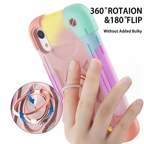 Cookiver For Iphone Xr Case 6.1 Inch With Ring Stand, With 2 Pack Glass Screen Protector,Heavy-Duty Shockproof Rugged Military Grade Cover With Magnetic Car Mount For Iphone Xr (Rainbow Pink) #TOP4