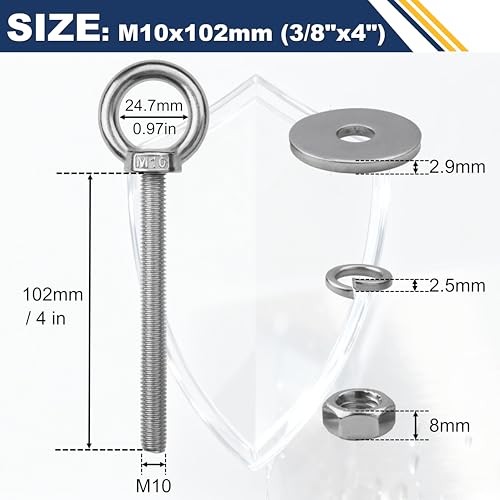 Image of 12 Pack M10 Stainless Steel Eye Bolts with Nuts,3 /8 inch x 4 inch Eye Bolts