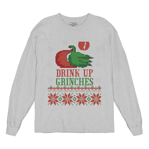 Camiseta de manga comprida Drink Up Grinches Suéter feio Festa de Natal Beber, Cinza, Small