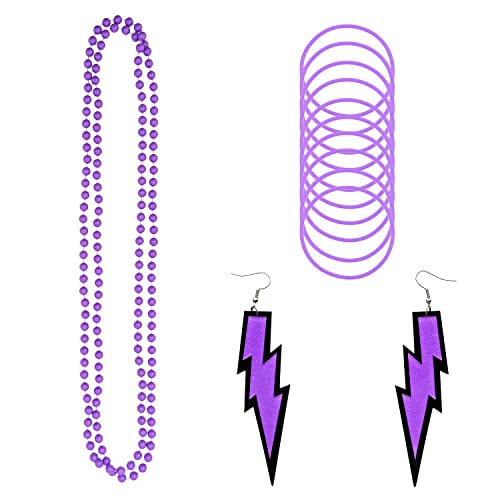 Jomnvo Accesorios de disfraces de los años 80, collar de fiesta de neón, pulseras de silicona con pendientes de neón para mujeres, accesorios de disfraces de los años 80 (morado) Cover