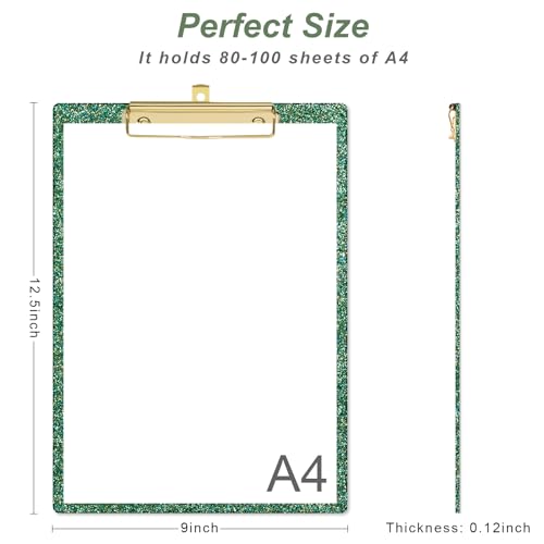 Image of Acrylic Confetti Clipboards, Sparkly Clip Board with Low Profile Gold Clip, Designed for Classroom School and Office Use, A4 Letter Size 9 x 12.5 in, Green