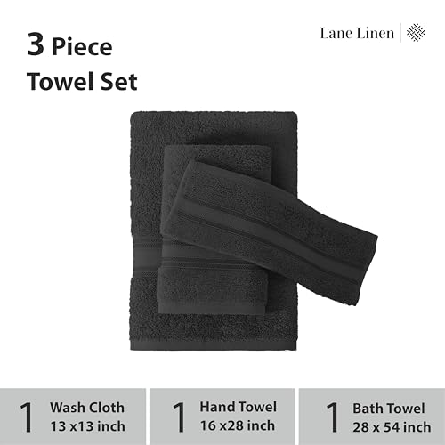 Image of LANE LINEN Luxury Towels Set - 3 Piece Set, 100% Cotton Bathroom Towels, Zero Twist, Quick Dry Shower Towels, Absorbent Bath Towel, Super Soft, 1 Bath Towel, 1 Hand Towel, 1 Wash Cloths - Black
