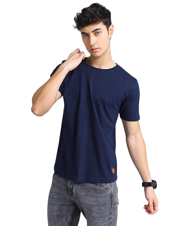 Image of PAUL STREET Men's Navy Pure Cotton Round Neck Solid Slim Fit T-Shirt