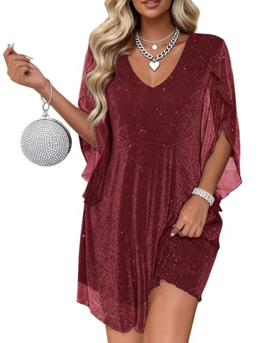 Gettalocky Fall Dresses for Women 2025 Wedding Guest Plus Size Burgundy Glitter Dance Dress with Chiffon Sleeve GT00427-Burguidy XL