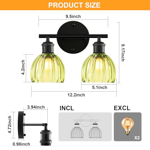Image of Bathroom Light Fixtures, 2-Light Black Vanity Lights for Bathroom with Green Tulip Glass Shade, 12 inch Vintage Bathroom Vanity Lighting Fixtures Over Mirror for Bedroom Living Room Hallway