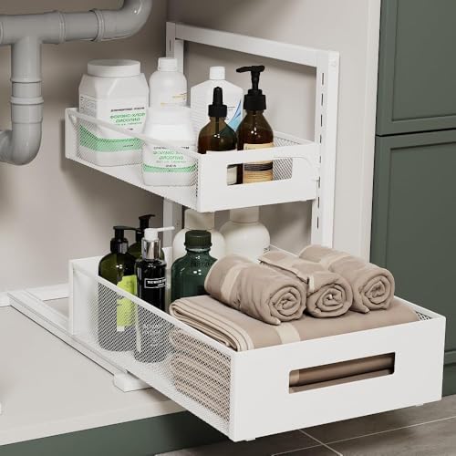 Image of Petiza Under Sink Organizer Adjustable Height 2 Tier Bathroom Organizer Pull Out Cabinet Organer kitchen organizers and storage fridge organizers and storage,White,XL-1 Pack