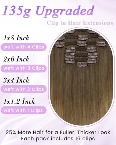 Image of LaaVoo Clip in Hair Extensions Human Hair Balayage Hair Extensions Clip ins 16 Inch 7pcs 135g