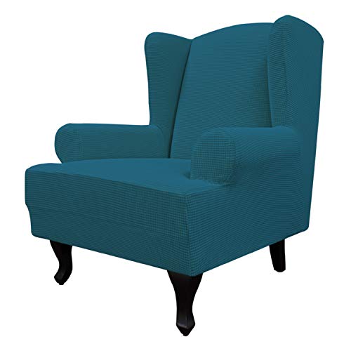 Image of Easy-Going Stretch Large Wingback Chair Sofa Slipcover Peacock Blue | 1-Piece Sofa Cover Furniture Protector Couch Soft with Elastic Bottom, Spandex Jacquard Fabric Small Checks