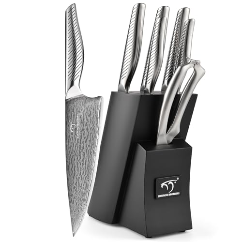 NANFANG BROTHERS® 7 Pieces Damascus Kitchen Knife Set, High Carbon Stainless Steel Damascus Steel...