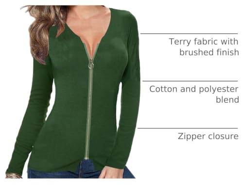 Image of Afibi Women V Neck Zip Front Long Sleeve Casual Top Blouse Shirt /Cardigan