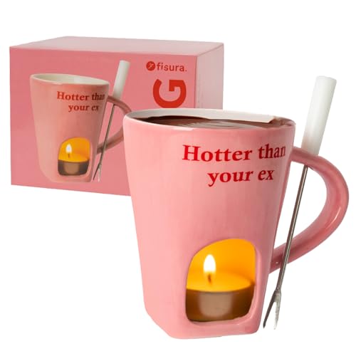 Fisura – Tazza fonduta originale per cioccolato. Fonduta di formaggio con tazza e forchettina. Mug rosa con scritta “Hotter”. Regalo originale per fonduta. Capacità 140 ml.