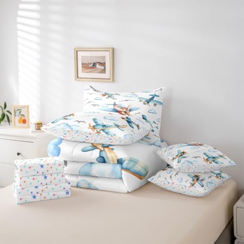 Erosebridal Boys Cartoon Propeller Plane Full 7 Pcs Bedding Set, Aircraft Airplane Comforter Set with Sheets, Blue Clouds Bed in A Bag for Kids Girls Adults Bedroom, Flying Birds Animals Bed Sets by Erosebridal - Used condition - Image 5