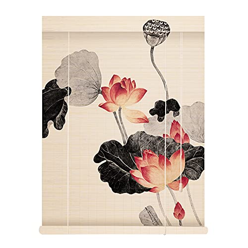 LIANGJUN Rollo Bambus Bambusrollo Vorhang Raffrollos, HD Lotus Muster Jalousie, Nah Dran Weben Sonnenschutz Fensterläden Mit Kordelzug, Balkon Esszimmer Partition Vorhang Cover