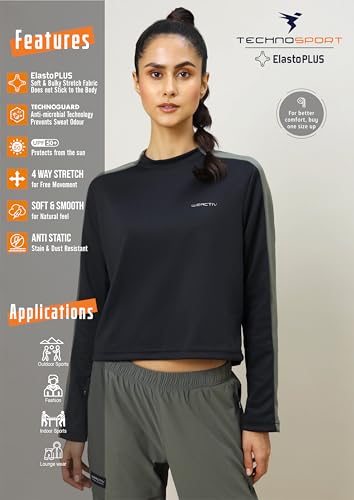 Image of TECHNOSPORT Womens Polyester Crew Neck Slim Fit Color Blocked Crop Sweatshirt Quick Dry & Antimicrobial