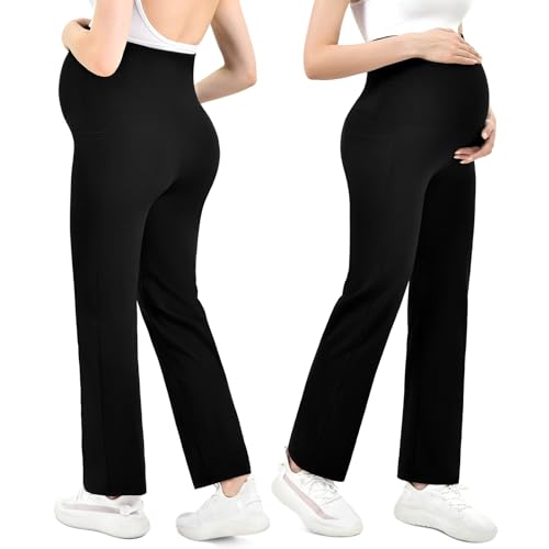 Walifrey Umstandshose Damen Weitem Bein mit Taschen, Schwangerschaft Umstandsmode Lässig Lose Gerade Bein Hosen Schwarz L