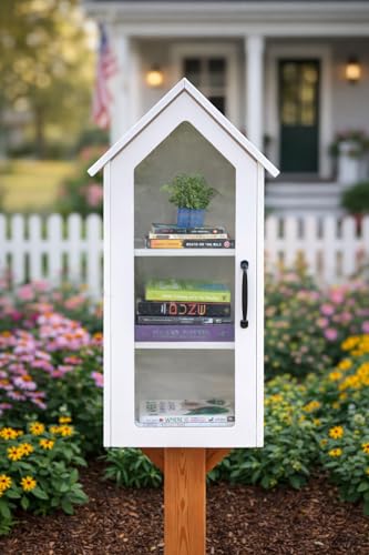 Ilyapa Little Library Box Outdoor - 14x12x35 Inch, White Library Book Kit - Weatherproof Composite Material Book Exchange and Lending Kit for Neighborhood and Community Sharing