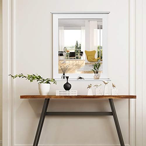 CASART Wall-Mounted Mirror, 55 x 43cm Bathroom Mirror with Open Shelf & Wooden Frame, Makeup Shaving Mirrors for Entryway Washroom Bedroom & Dressing Room