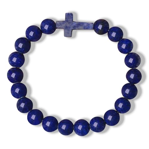 Cross Bracelet for Men & Women, Handmade Lapis Lazuli Crystal, Stretch Elastic, 8mm Round Beads, Blue2