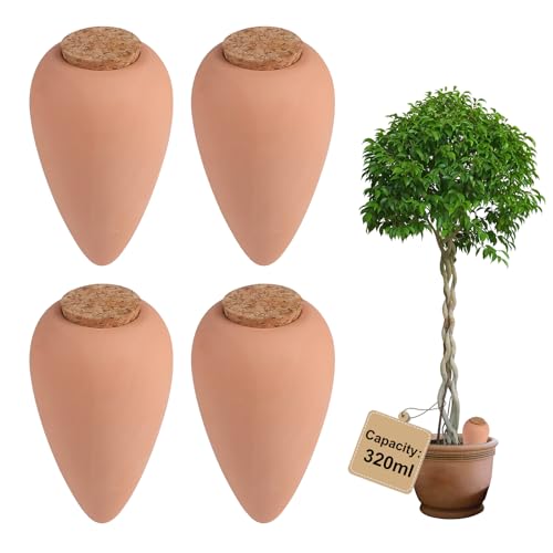 EXLECO 4 × 320ml Tonkegel Bewässerung Rettichkegel mit Deckel Pflanzen Bewässerungskegel Pflanzen Wasserspender Ton Automatische Bewässerung Zimmerpflanzen Gießkegel Bewässerungssystem Balkonkästen